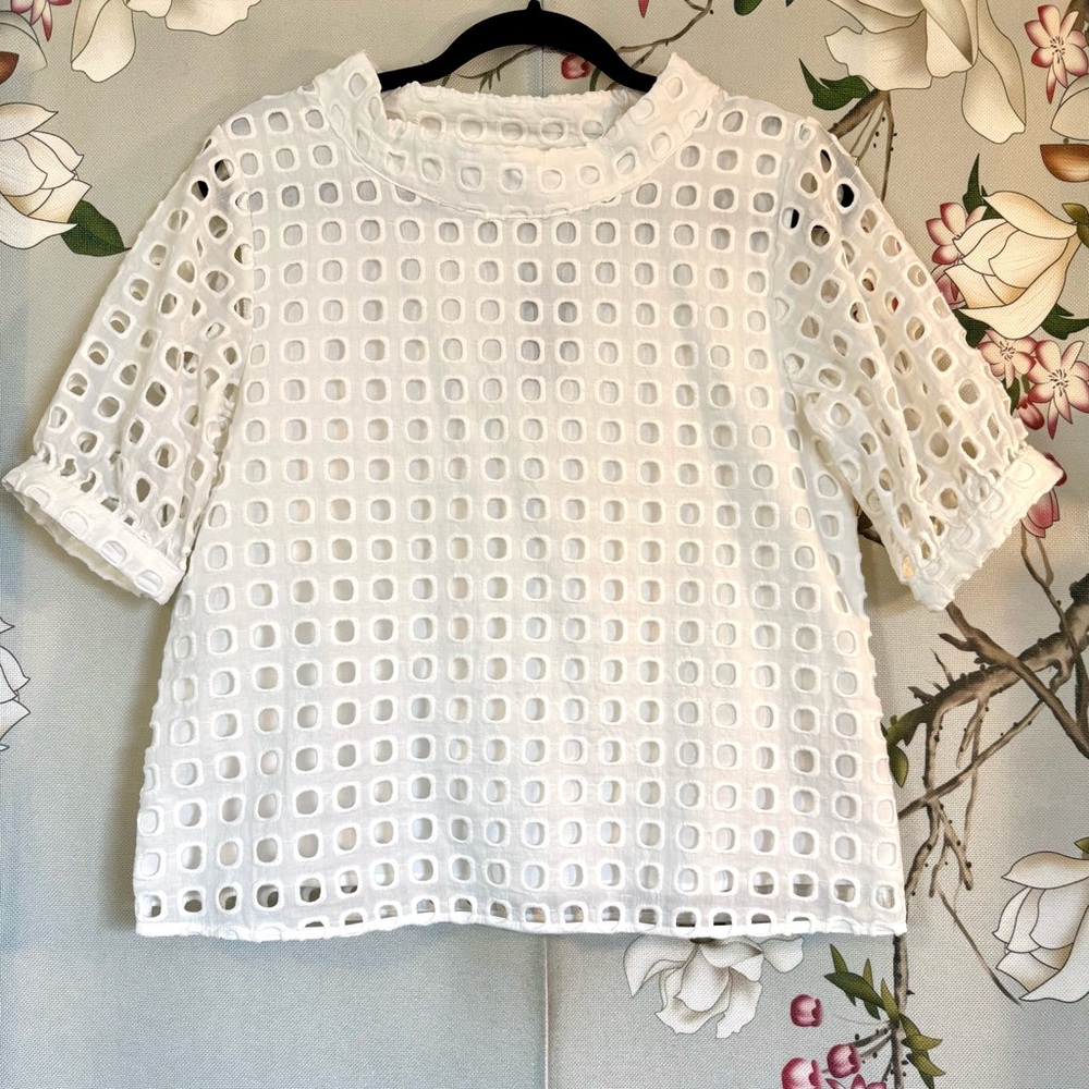 NWT Romantic Prairie Cottagecore Eyelet Cotton Funnel Neck Petite Blouse